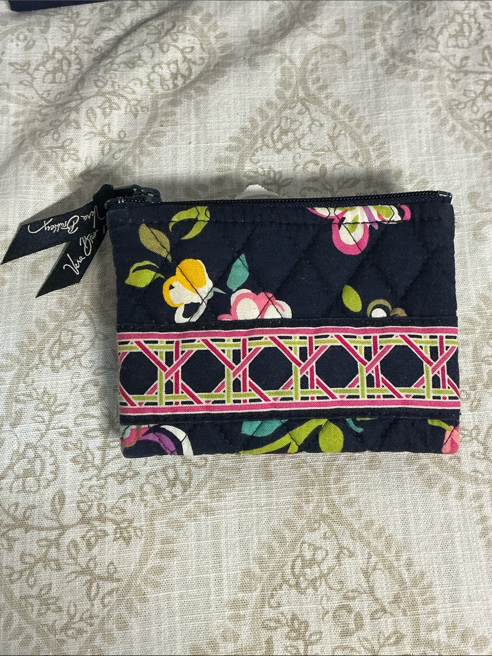 Vera Bradley Navy Quilted Floral Zip Pouch with Pink Trim